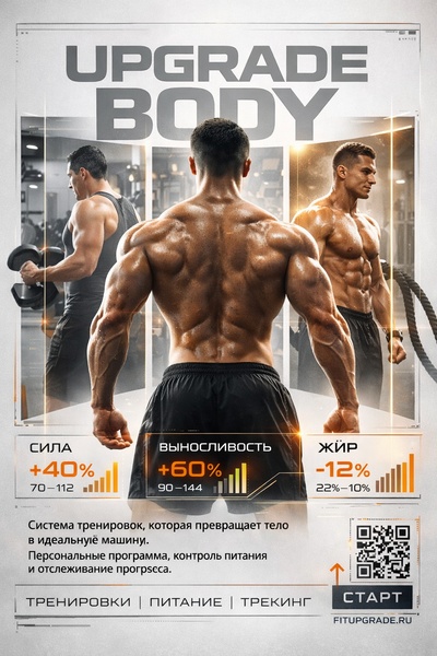 A split-view graphic showing muscular physical transformation stats to promote a fitness training app and coaching service.